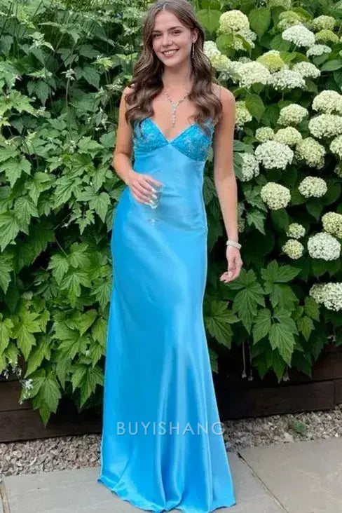 Elegant Spaghetti Strap V - Neck Satin Maxi Dress with Open Back Bow Detail prom dress